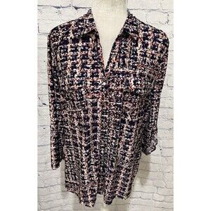 Emily Daniels button-front top in a Pink Black plaid abstract pattern Large